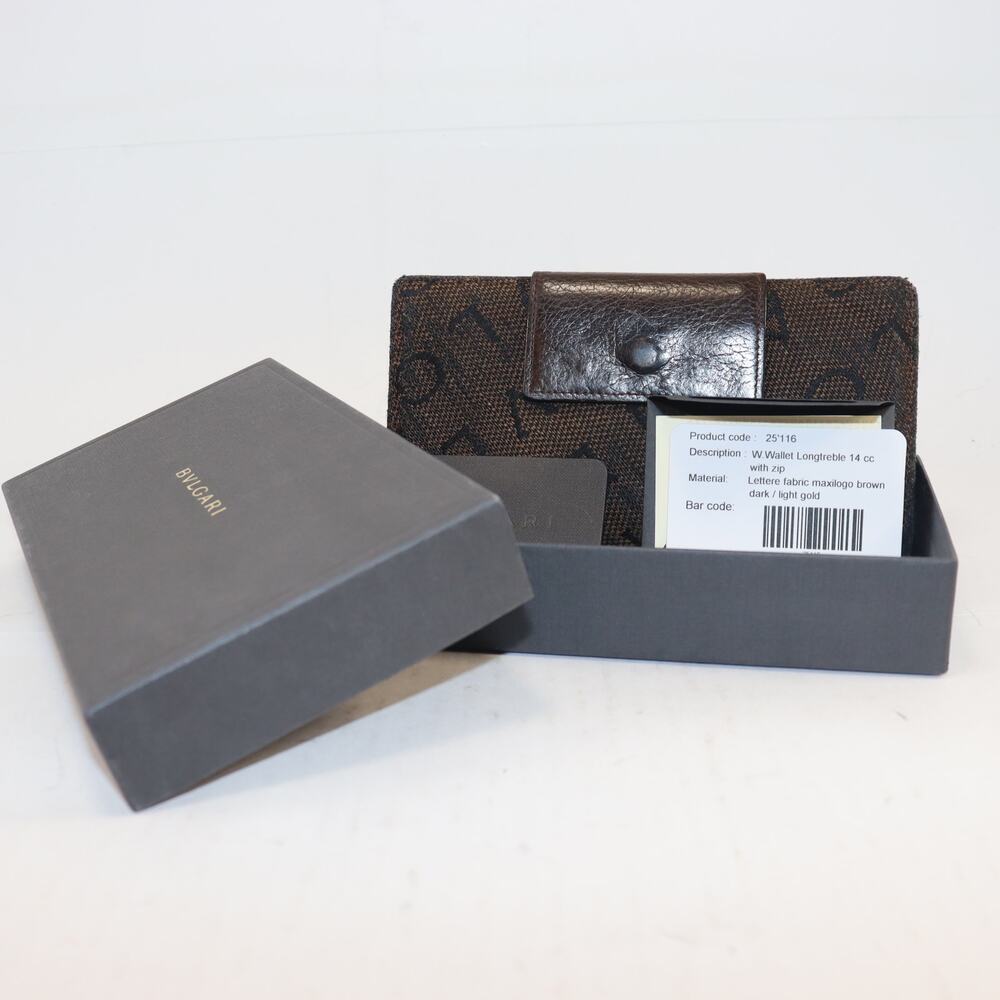 Bvlgari Logo Canvas Trifold Wallet Brown Leather Coin Pouch Italy‎ Authentic